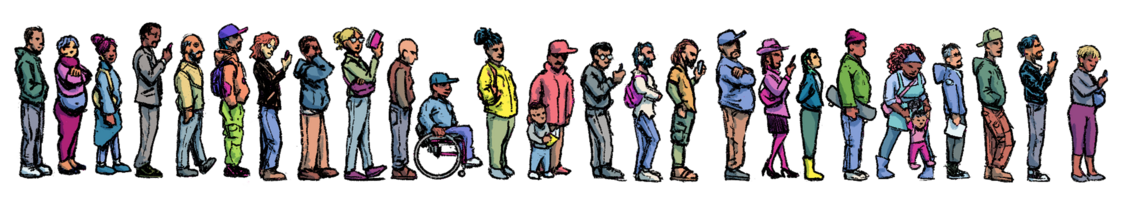 In an illustration, people of various identities wait in line for their Ohio license.