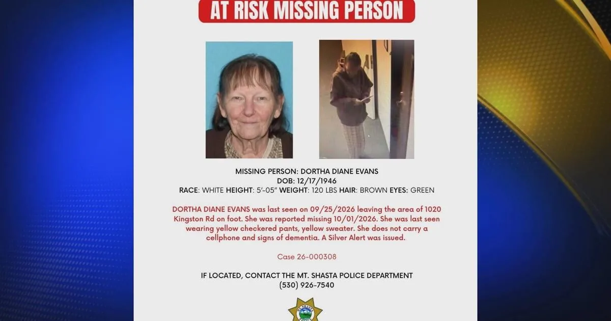 Mt. Shasta Police Issue Silver Alert for 79-Year-Old Dortha Diane Evans With Dementia, Missing Since Sept. 25 in Mount Shasta, California